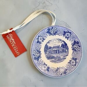 Monticello Christmas 2008 Ornament Miniature Blue & White Plate on White Ribbon